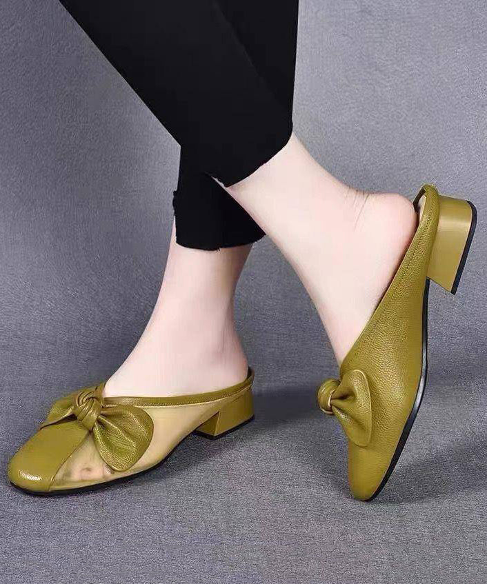 Chunky Leather Cowhide Bow Slide Yellow Women Tulle Splicing