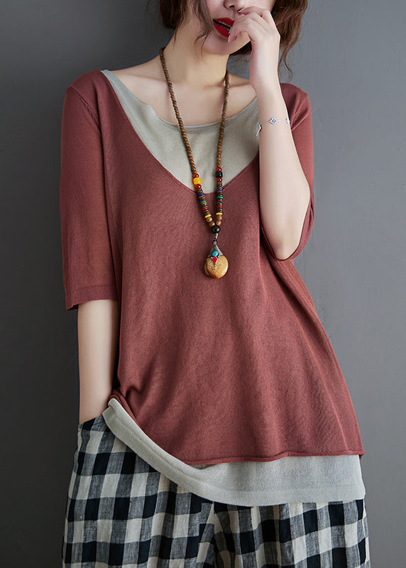 Tanks Knit Red Women Brick Patchwork Summer