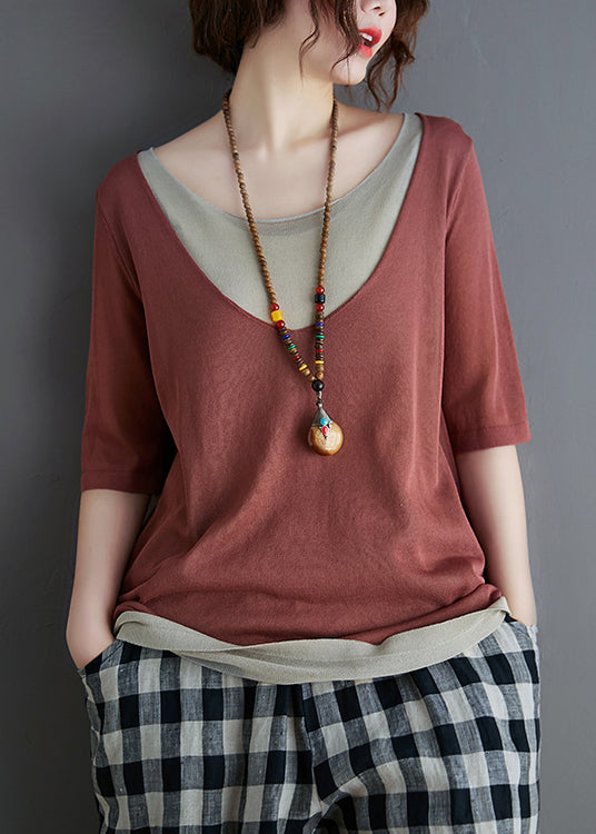 Tanks Knit Red Women Brick Patchwork Summer