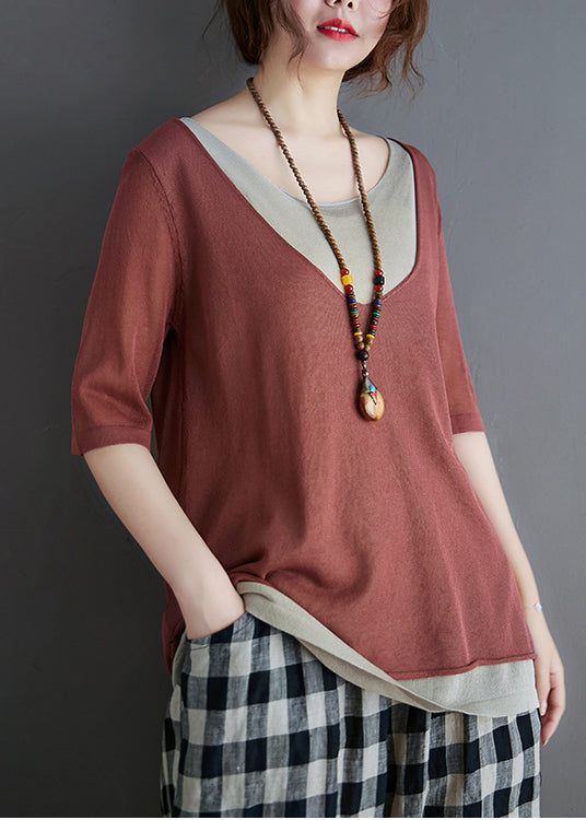 Tanks Knit Red Women Brick Patchwork Summer