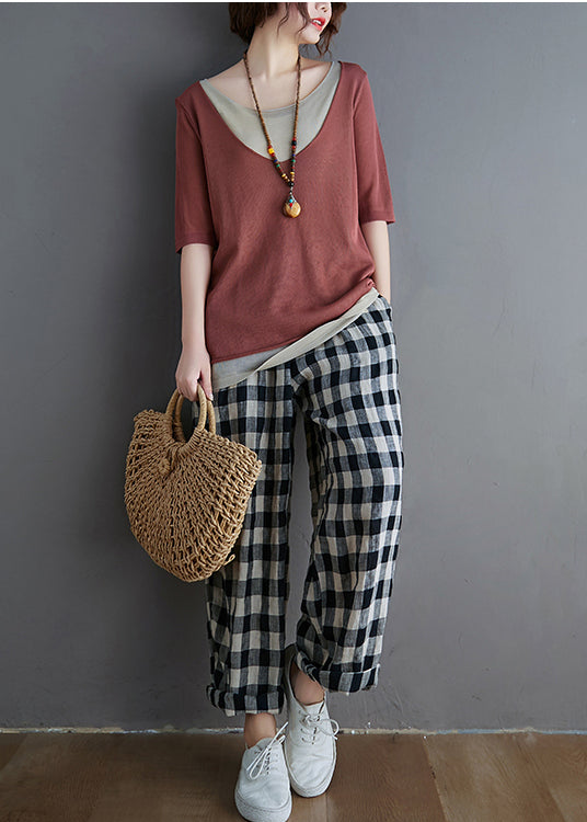 Tanks Knit Red Women Brick Patchwork Summer