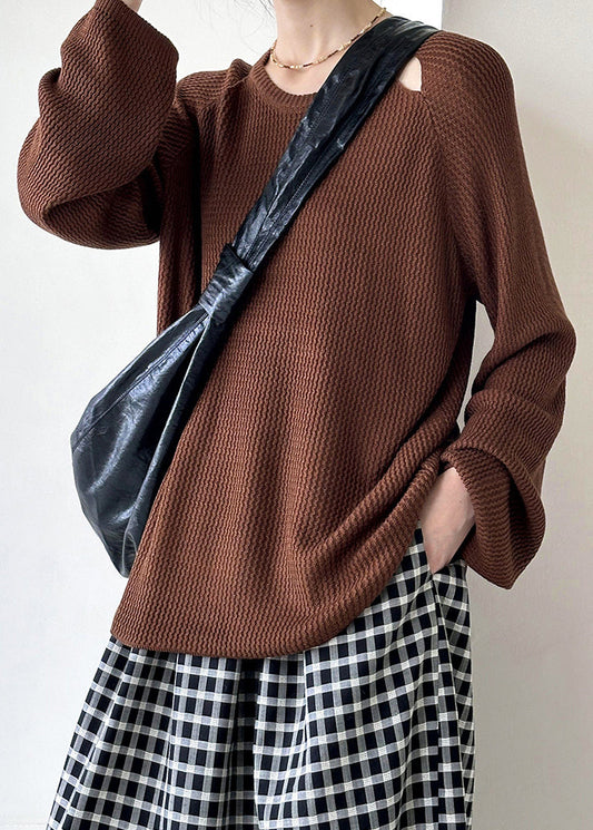 Women Brown O Neck Hollow Out Knit Sweaters Fall