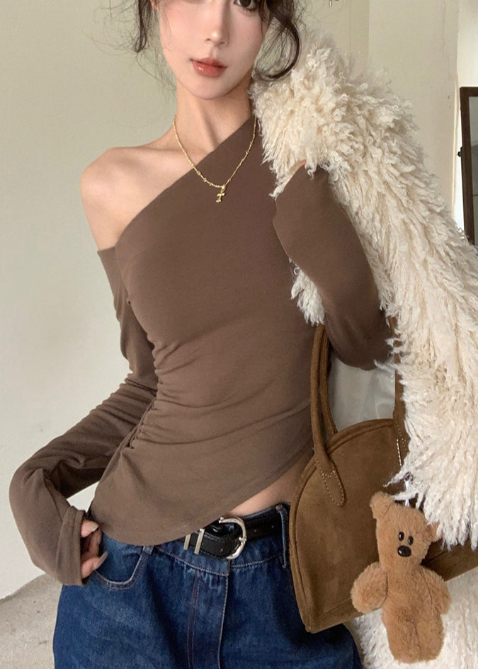 Cotton Shoulder Blouse Tops One Brown Fall Women