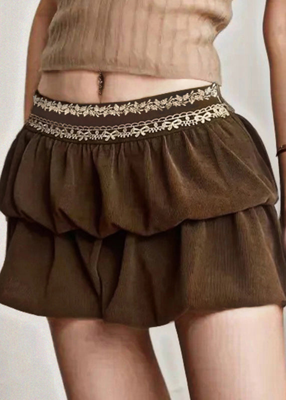 Zippered Women Summer Waist Skirts Corduroy High Brown Lace