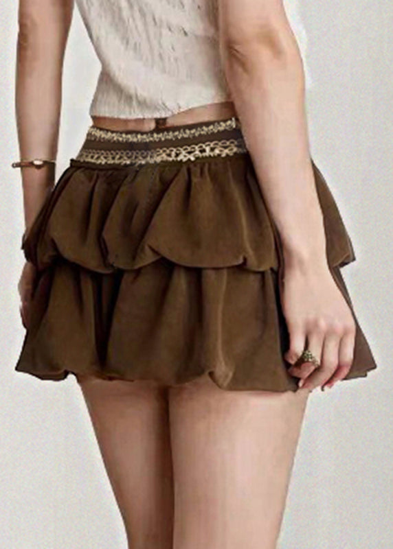 Zippered Women Summer Waist Skirts Corduroy High Brown Lace