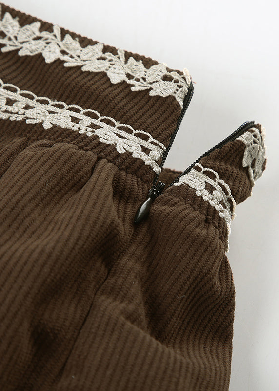 Zippered Women Summer Waist Skirts Corduroy High Brown Lace