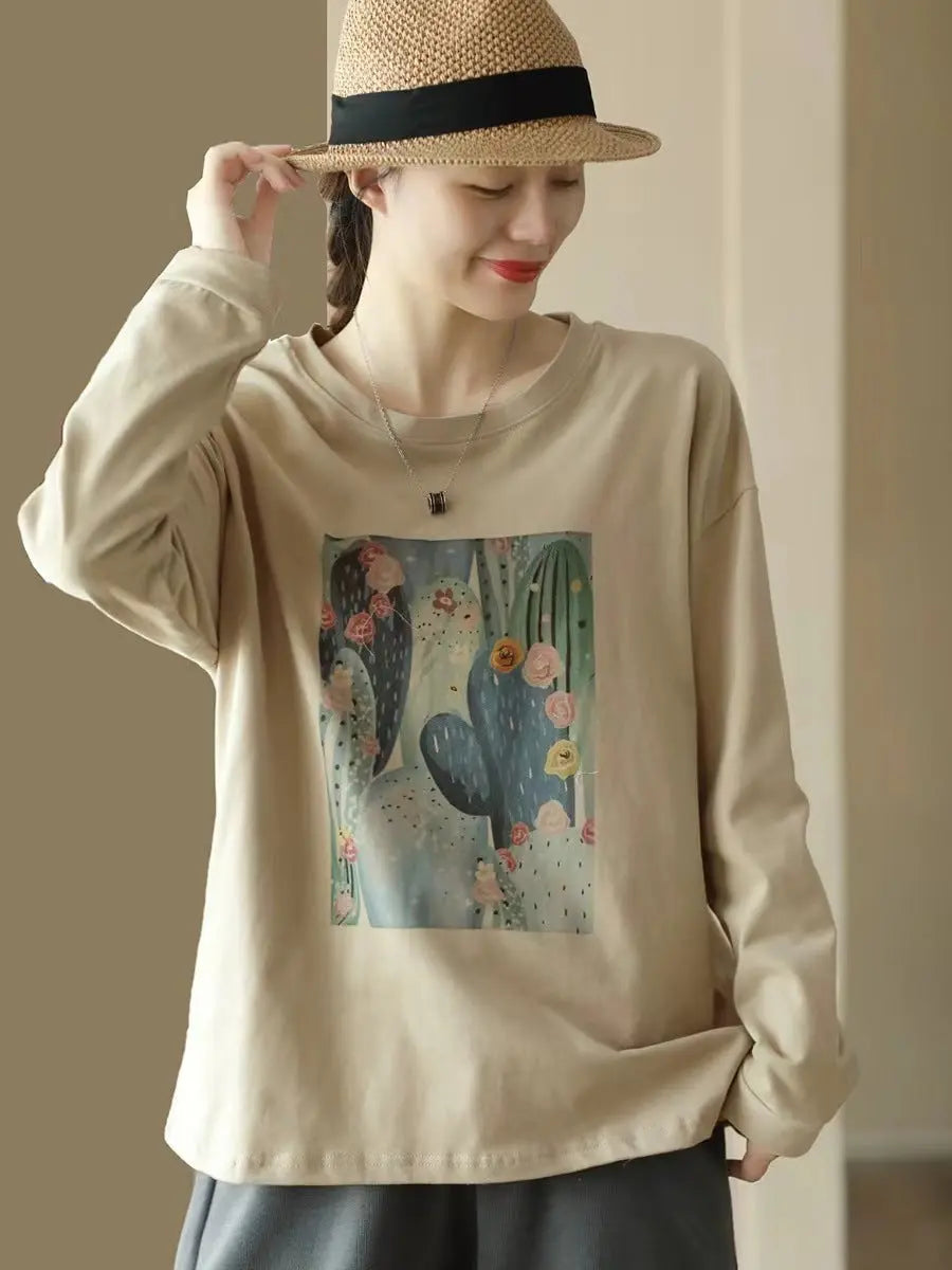 Women Casual Print Spring Long Sleeve Pullover Shirt Ada Fashion