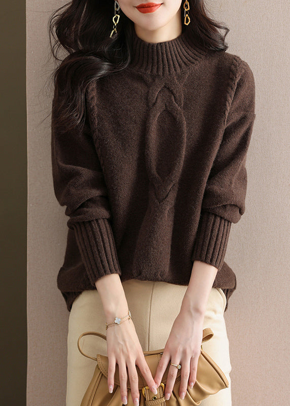 Women Coffee Half Hign Neck Thick Patchwork Knitted Sweaters Fall QL060