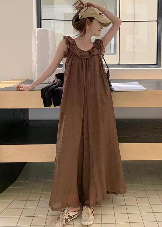 Women Coffee Ruffled High Waist Solid Cotton Jumpsuit Sleeveless MN042