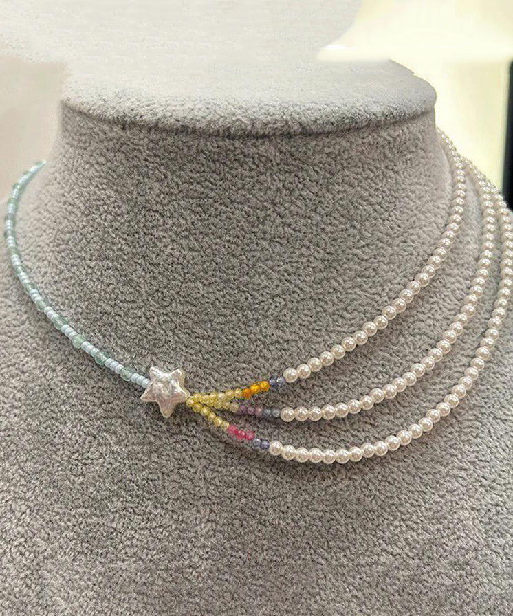 Layered Necklace Gratuated Star Bead Women Pearl Beads Colorblock