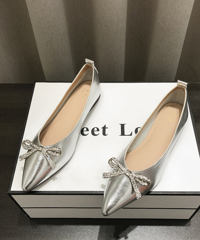 Bow Women Flat Toe Shoes Comfy Leather Splicing Gold Faux Pointed