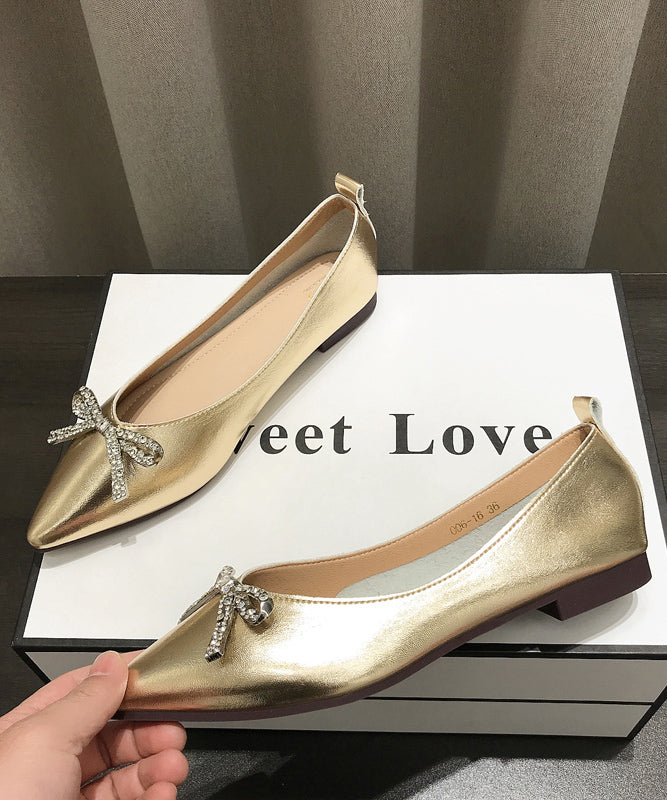 Bow Women Flat Toe Shoes Comfy Leather Splicing Gold Faux Pointed