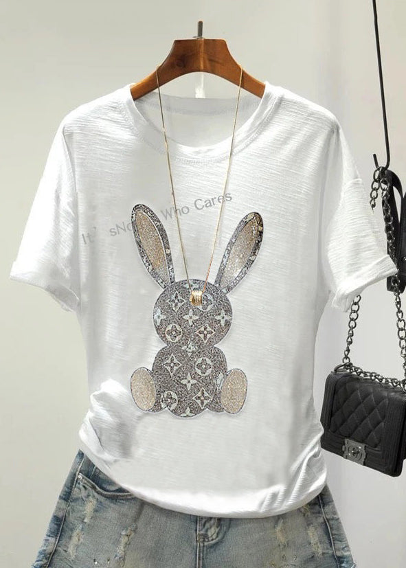 Women Daisy Zircon O Neck Cotton T Shirts Summer GH1003