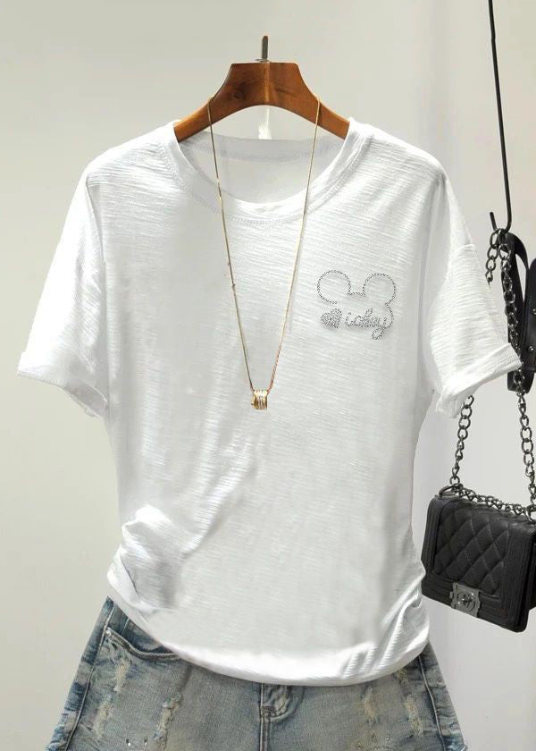 Women Daisy Zircon O Neck Cotton T Shirts Summer GH1003