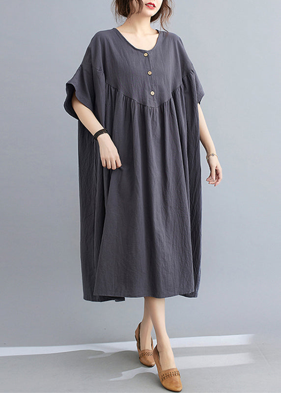 Robe longue à boutons en patchwork gris foncé pour femme, manches courtes, GH1018