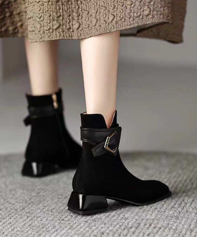 Women Fashion Splicing Chunky Boots Black Suede RD009