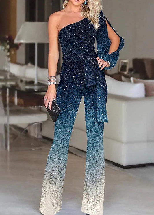 Design Gradient Blue Two One Women Sequins Shoulder Asymmetrical