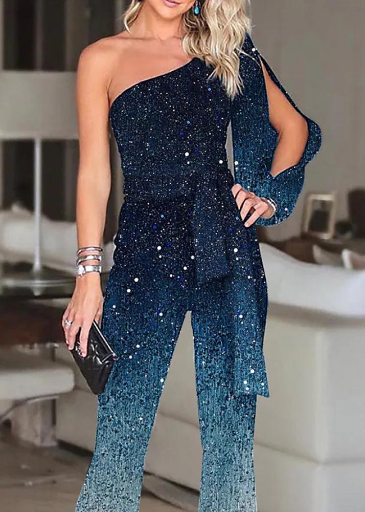 Design Gradient Blue Two One Women Sequins Shoulder Asymmetrical