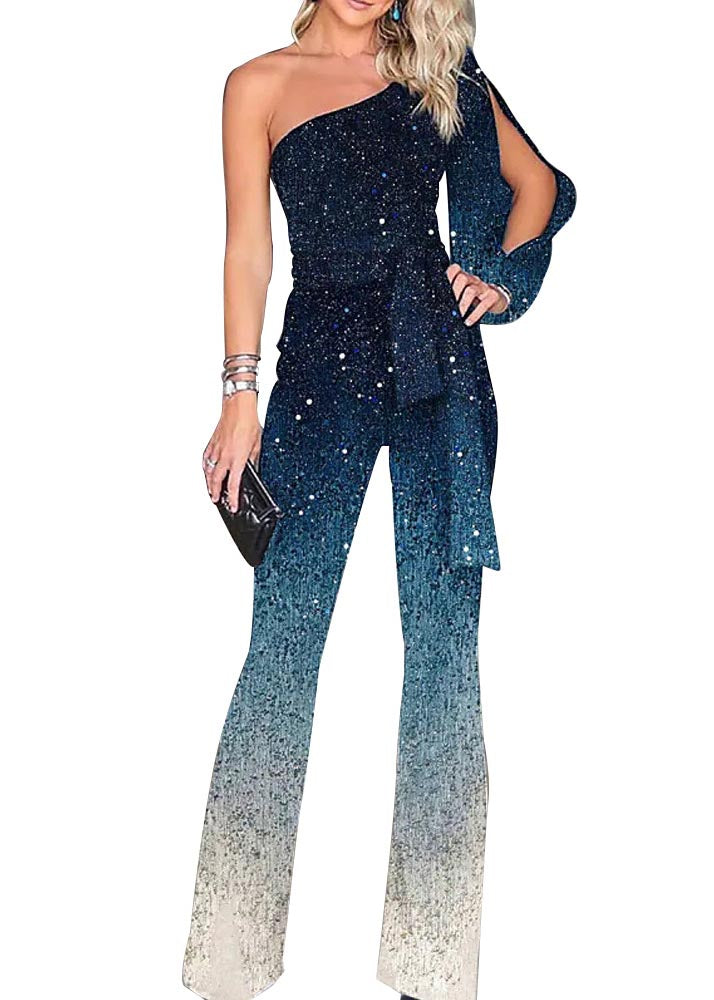 Design Gradient Blue Two One Women Sequins Shoulder Asymmetrical