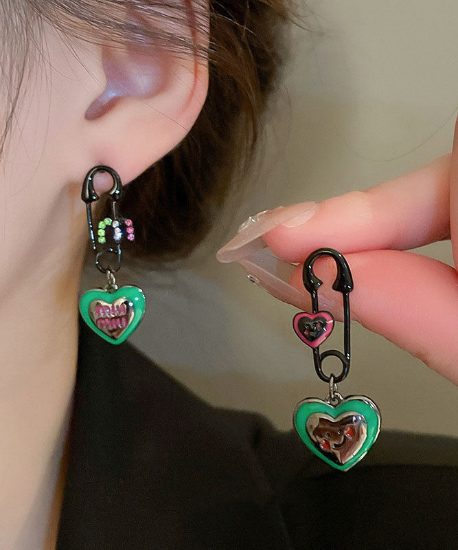 Alloy Drop Women Green Drip Graphic Zircon Love Glaze Earrings