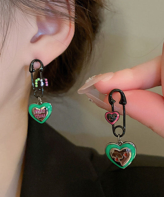 Alloy Drop Women Green Drip Graphic Zircon Love Glaze Earrings