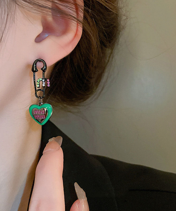 Alloy Drop Women Green Drip Graphic Zircon Love Glaze Earrings