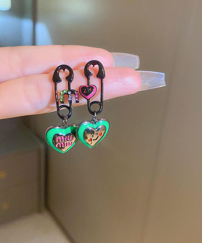 Alloy Drop Women Green Drip Graphic Zircon Love Glaze Earrings