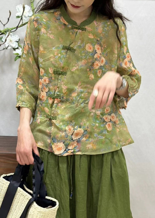 Chemise en lin vert à imprimé chinois pour femme avec manches à bracelet JH005