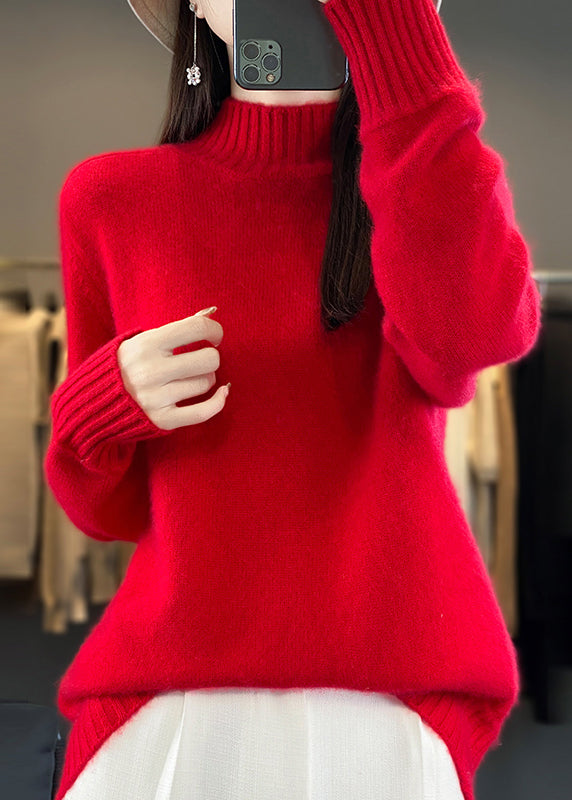 Women Green Half Hign Neck Thick Woolen Knit Sweaters Winter RS039