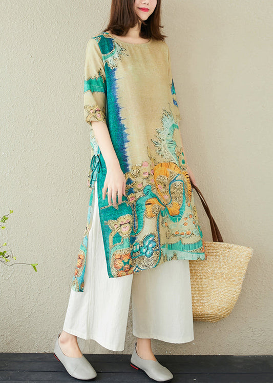 Linen Oversized Summer Dress Women Green Print