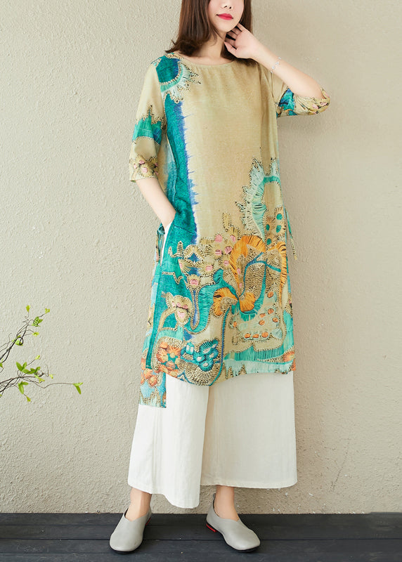 Linen Oversized Summer Dress Women Green Print