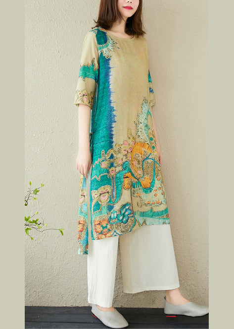 Linen Oversized Summer Dress Women Green Print