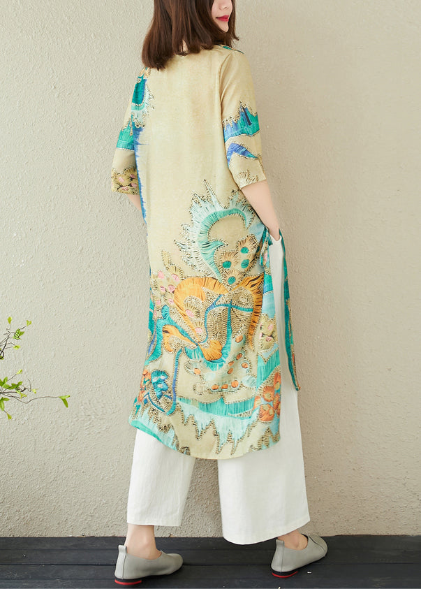 Linen Oversized Summer Dress Women Green Print