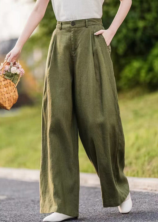 Women Summer Green Linen Pockets Straight Pants