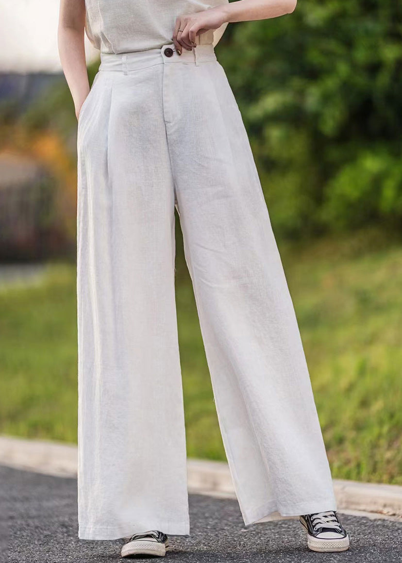 Women Summer Green Linen Pockets Straight Pants