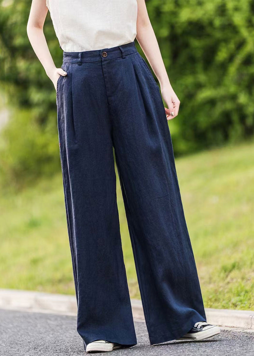 Women Summer Green Linen Pockets Straight Pants