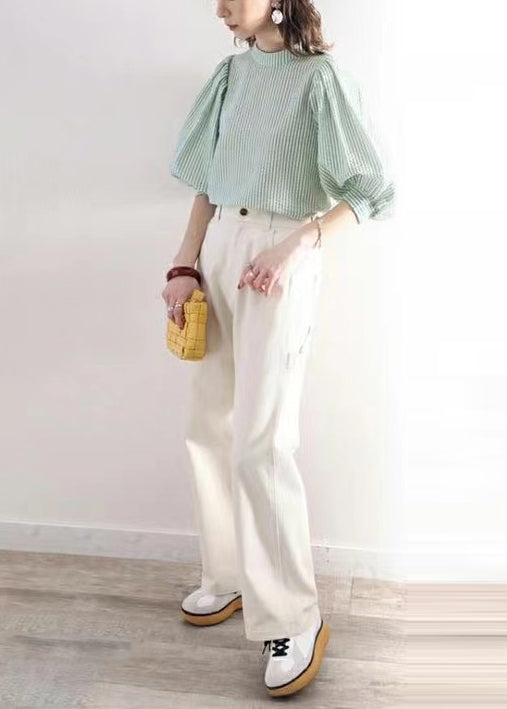 Cotton Sleeve Women Blouses Puff Striped Green