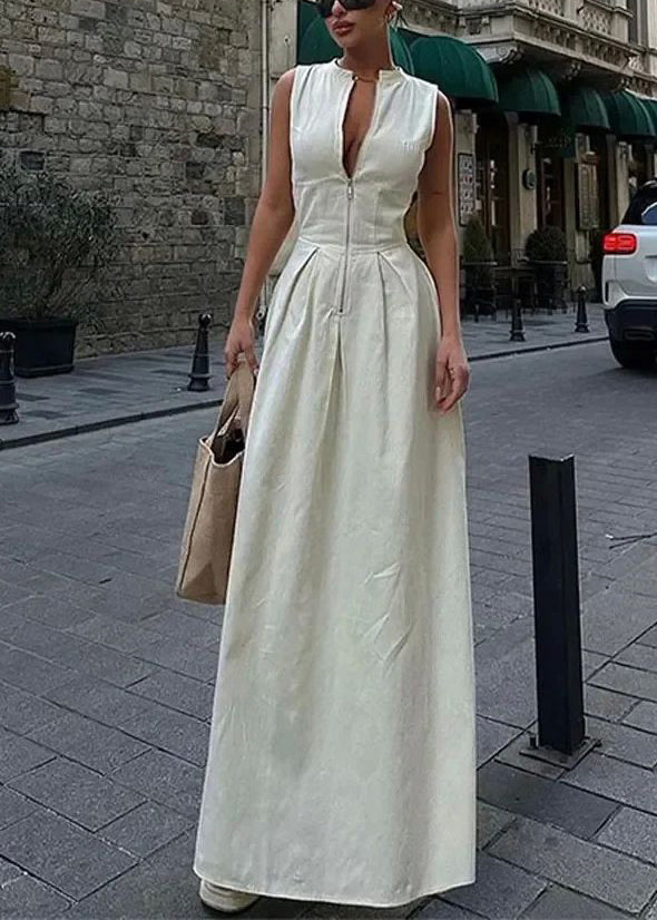 Dress Pleated Round Slim Maxi Green Collar Women Sleeveless