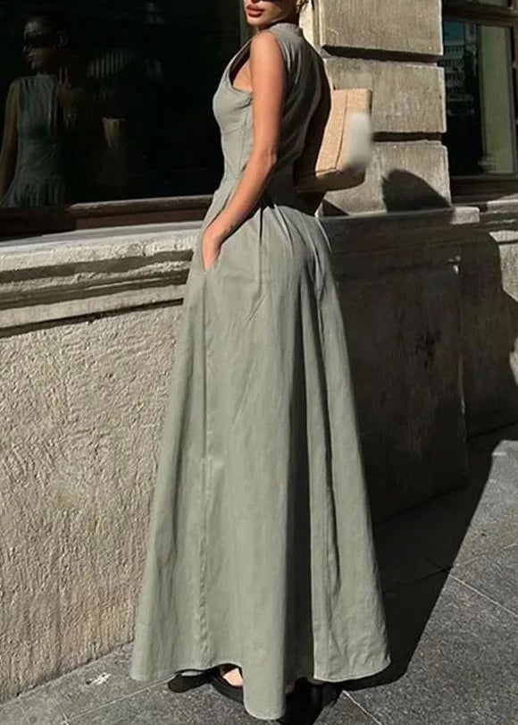 Collar Maxi Pleated Green Slim Sleeveless Dress Women Round