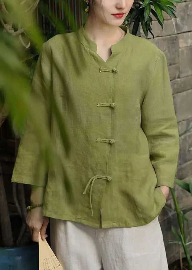 Women Green Stand Collar Button Linen Coats Long Sleeve Ada Fashion