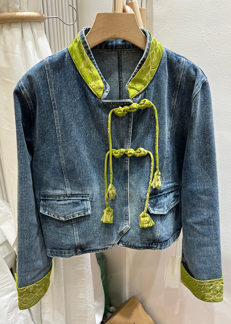 Women Green Stand Collar Chinese Button Denim Coat Spring Ada Fashion