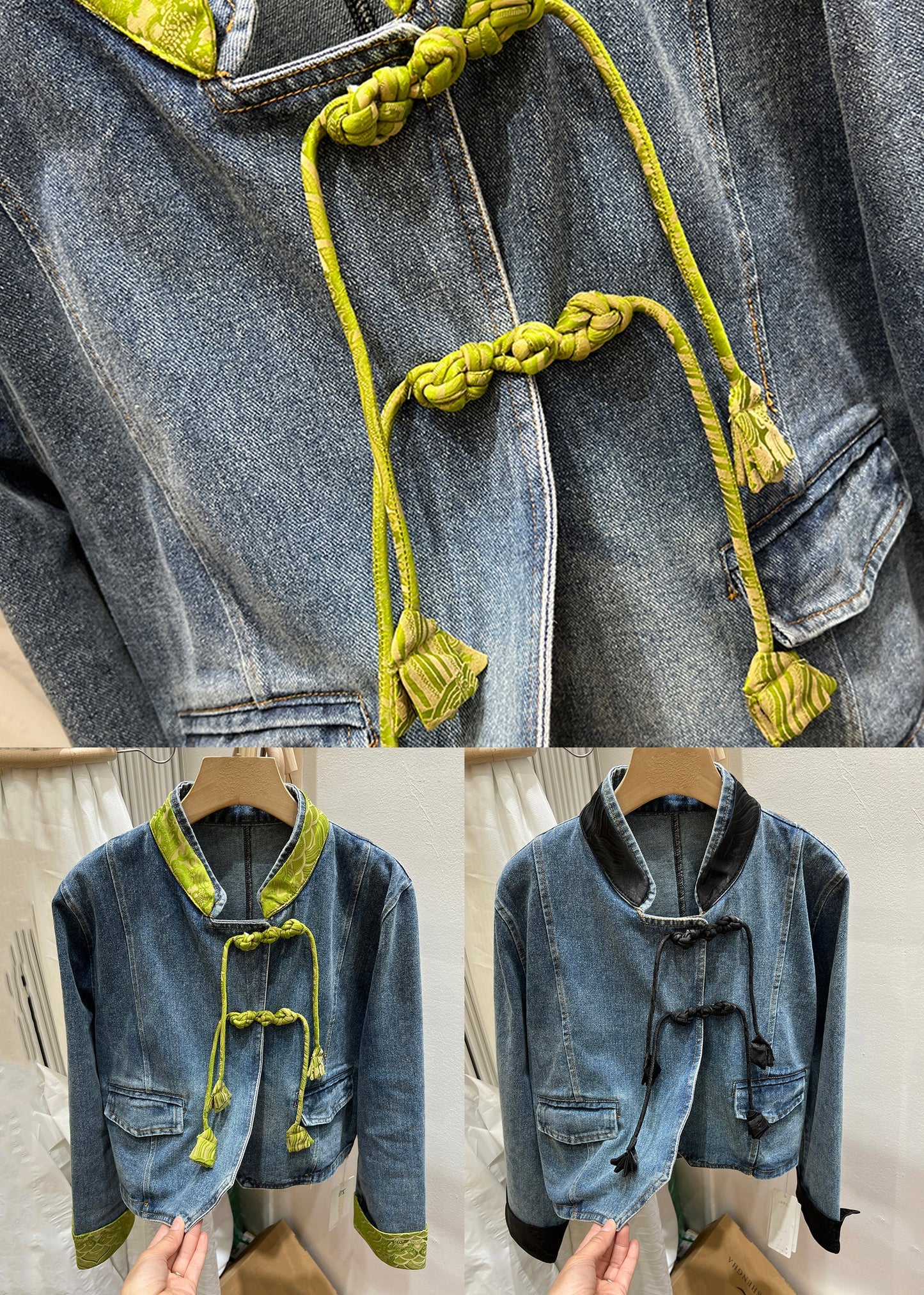 Women Green Stand Collar Chinese Button Denim Coat Spring Ada Fashion