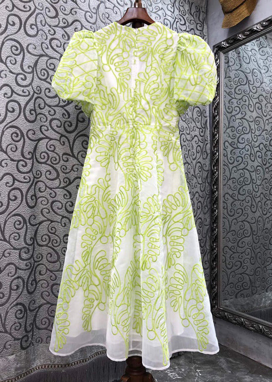 Women Green V Neck Embroidered Cotton Mid Dress Summer ZL079