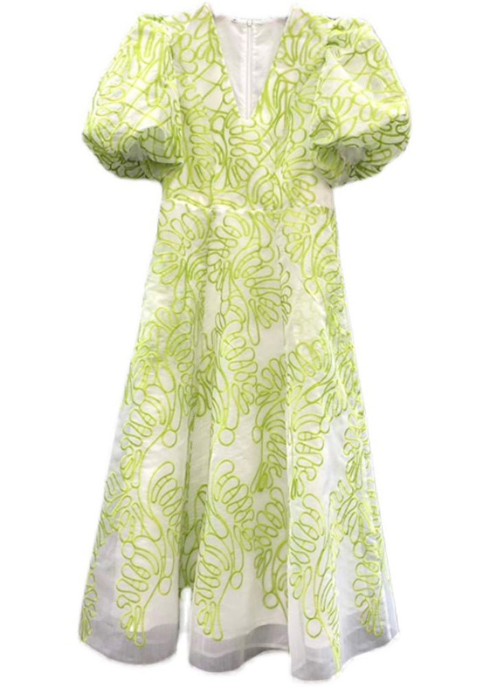 Women Green V Neck Embroidered Cotton Mid Dress Summer ZL079