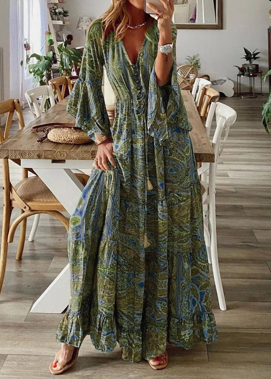 Cotton Dresses Print Flare Green Maxi V Sleeve Women Neck