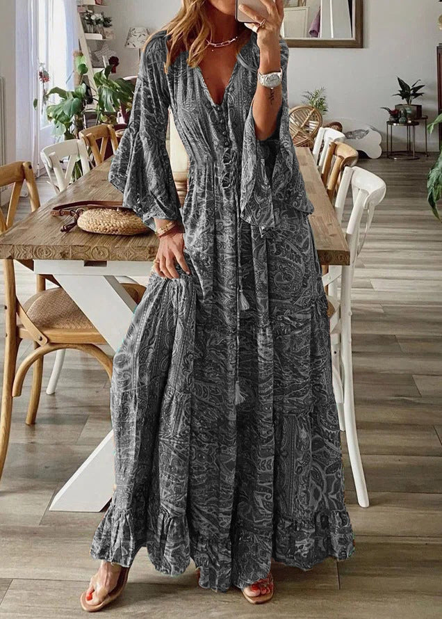 Cotton Dresses Print Flare Green Maxi V Sleeve Women Neck