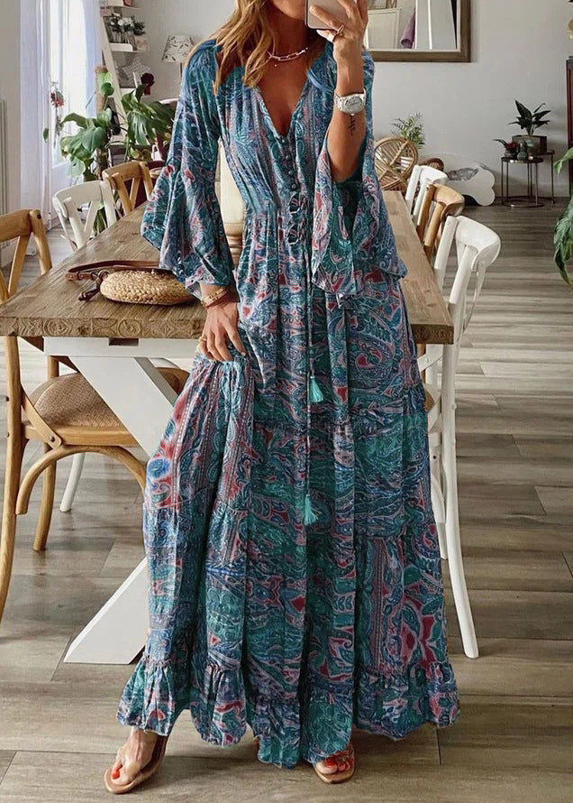Cotton Dresses Print Flare Green Maxi V Sleeve Women Neck