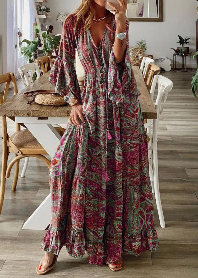 Cotton Dresses Print Flare Green Maxi V Sleeve Women Neck