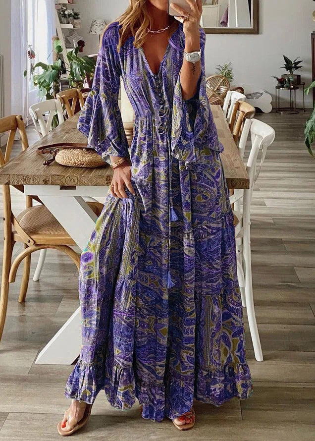 Cotton Dresses Print Flare Green Maxi V Sleeve Women Neck