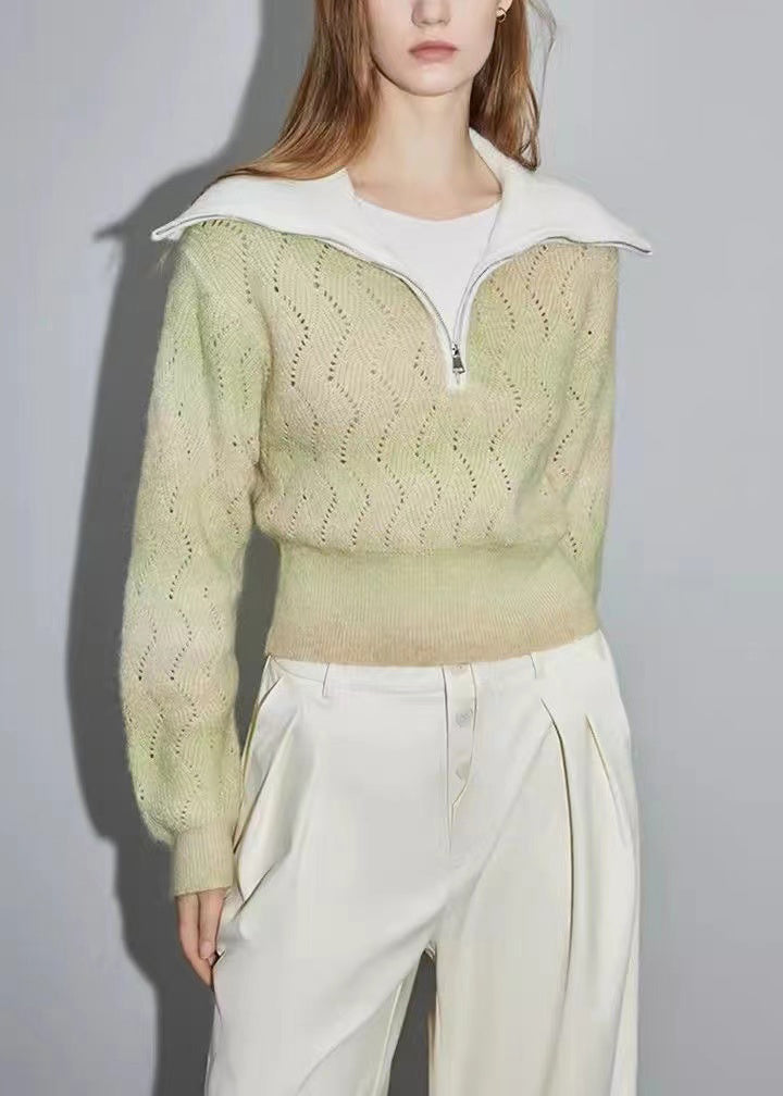 Women Green Zip Up Hollow Out Wool Knit Sweater Winter WK025